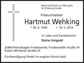 Anzeige von Hartmut Wehking von Mindener Tageblatt