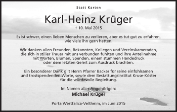 Anzeige von Karl-Heinz Krüger von Mindener Tageblatt