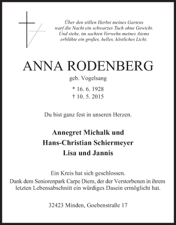 Anzeige von Anna Rodenberg von Mindener Tageblatt