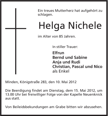 Anzeige von Helga Nichele von Mindener Tageblatt