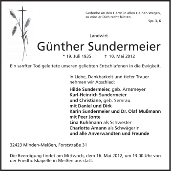 Anzeige von Günther Sundermeier von Mindener Tageblatt