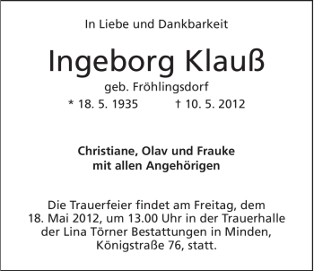 Anzeige von Ingeborg Klauß von Mindener Tageblatt