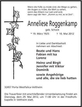 Anzeige von Anneliese Roggenkamp von Mindener Tageblatt