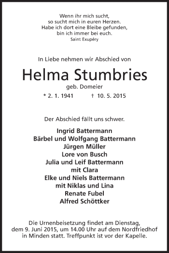 Anzeige von Helma Stumbries von Mindener Tageblatt