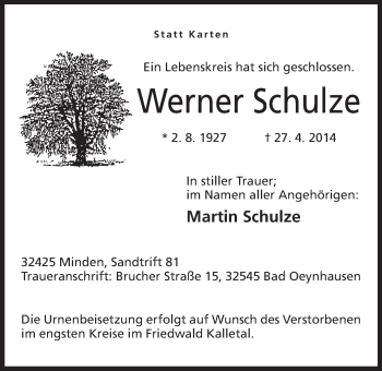 Anzeige von Werner Schulze von Mindener Tageblatt