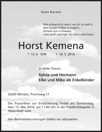 Anzeige von Horst Kemena von Mindener Tageblatt