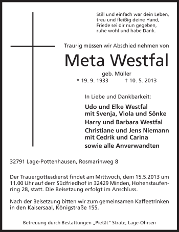 Anzeige von Meta Westfal von Mindener Tageblatt