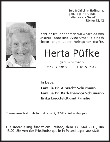 Anzeige von Herta Püfke von Mindener Tageblatt