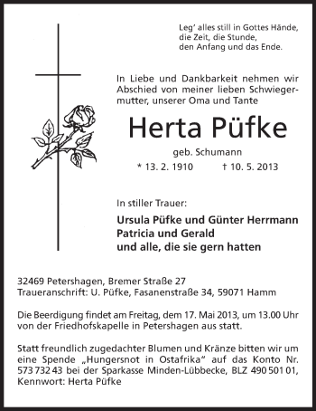 Anzeige von Herta Püfke von Mindener Tageblatt