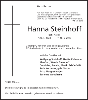 Anzeige von Hanna Steinhoff von Mindener Tageblatt