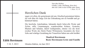 Anzeige von Edith Horstmann von Mindener Tageblatt