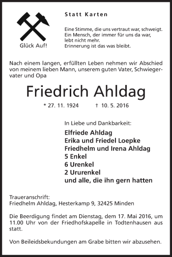 Anzeige von Friedrich Ahldag von Mindener Tageblatt
