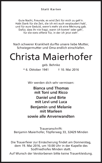 Anzeige von Christa Maierhofer von Mindener Tageblatt
