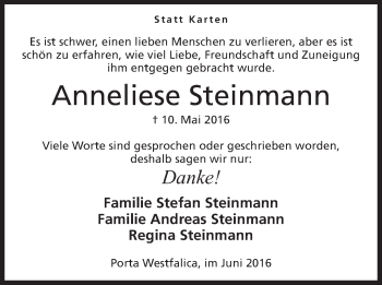 Anzeige von Anneliese Steinmann von Mindener Tageblatt