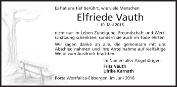 Anzeige von Elfriede Vauth von Mindener Tageblatt