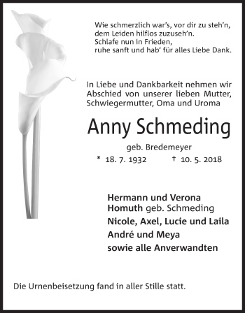 Anzeige von Anny Schmeding von Mindener Tageblatt