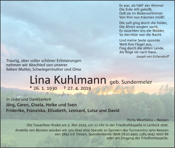 Anzeige von Lina Kuhlmann von Mindener Tageblatt