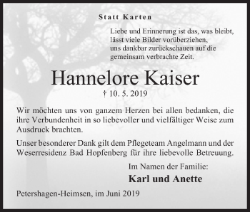 Anzeige von Hannelore Kaiser von Mindener Tageblatt