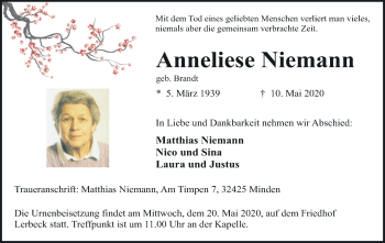 Anzeige von Anneliese Niemann von Mindener Tageblatt