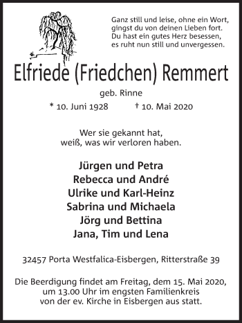 Anzeige von Elfriede Remmert von Mindener Tageblatt