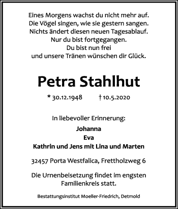 Anzeige von Petra Stahlhut von Mindener Tageblatt