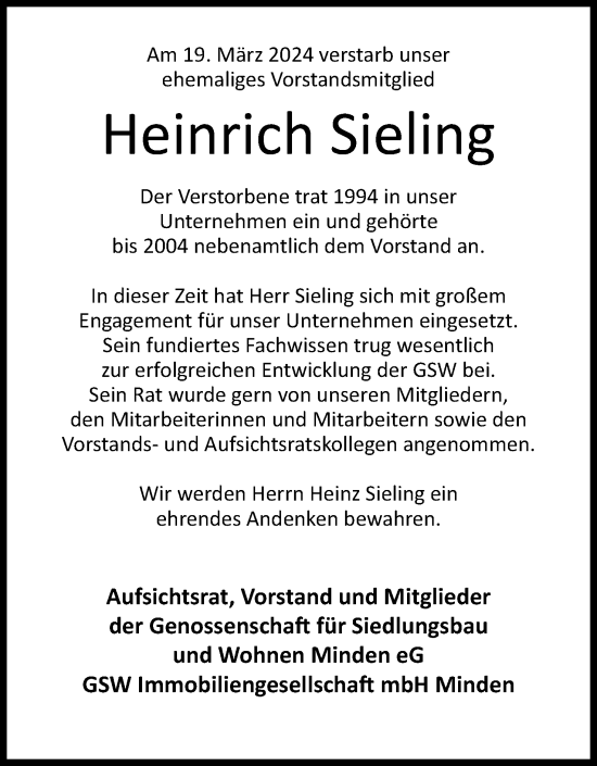 Anzeige von Heinrich Sieling von 4401