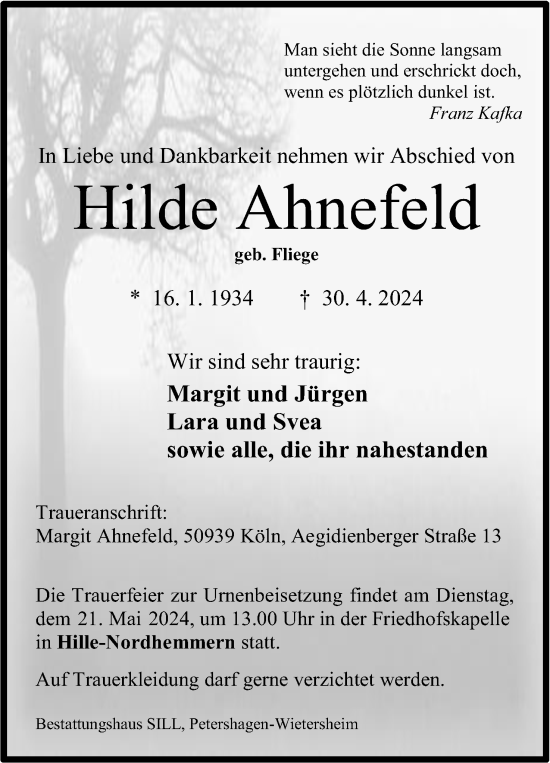 Anzeige von Hilde Ahnefeld von 4401