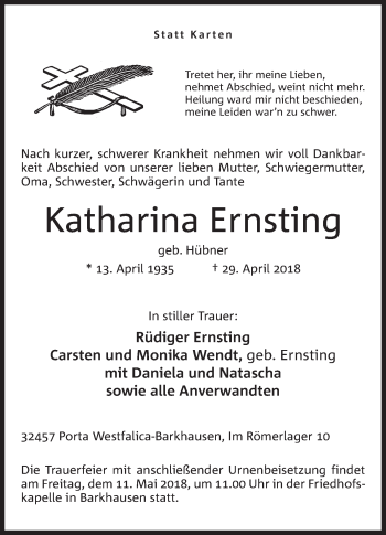 Anzeige von Katharina Ernsting von Mindener Tageblatt