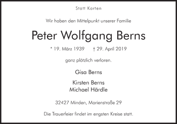 Anzeige von Peter Wolfgang Berns von Mindener Tageblatt