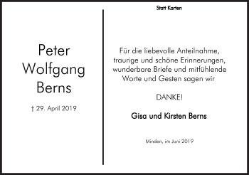 Anzeige von Peter Wolfgang Berns von Mindener Tageblatt