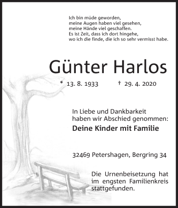 Anzeige von Günter Harlos von Mindener Tageblatt