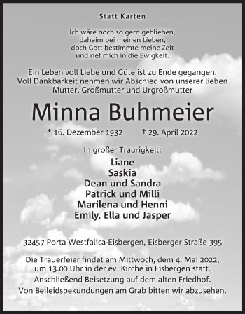 Anzeige von Minna Buhmeier von Mindener Tageblatt