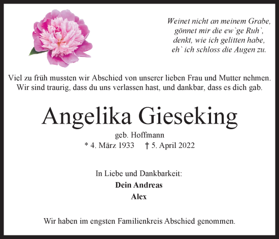 Anzeige von Angelika Gieseking von 4401